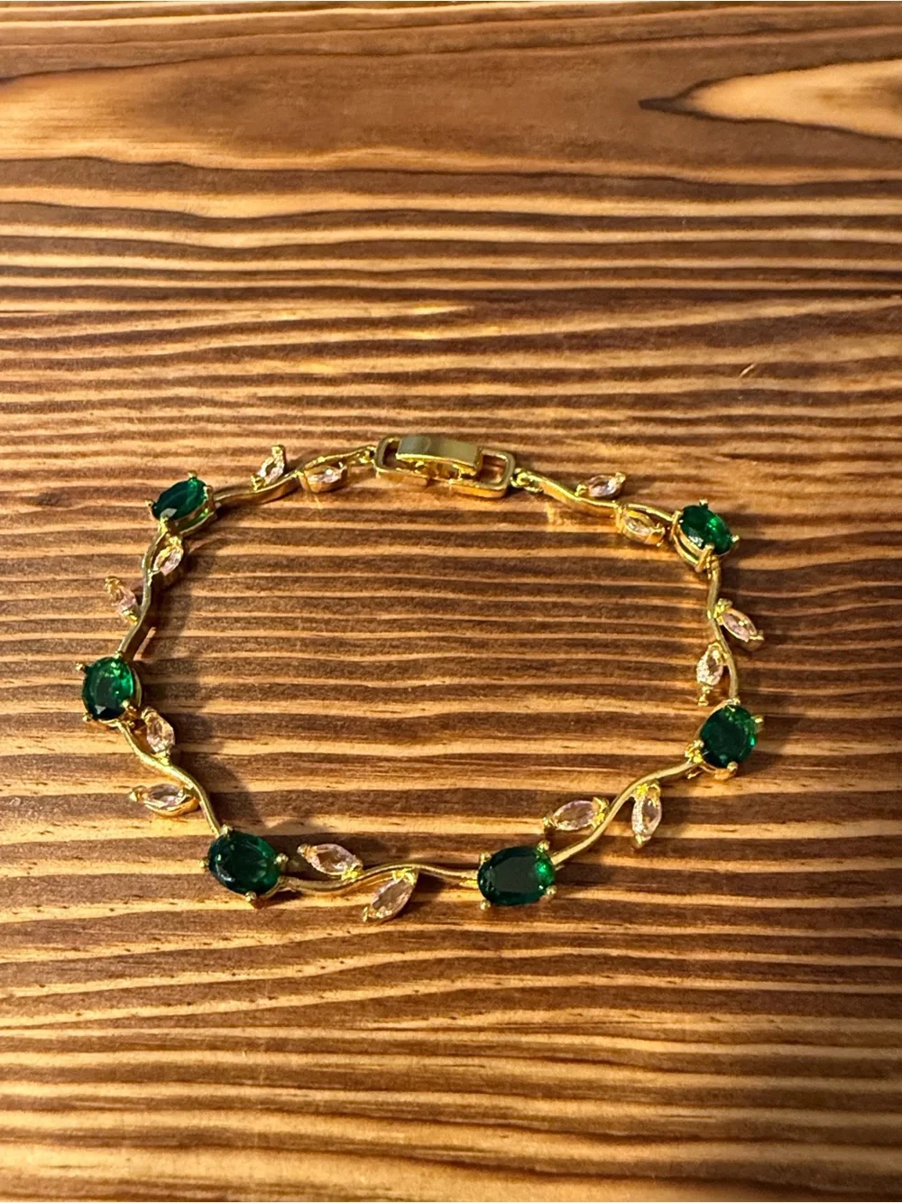 Gold Plated Bracelet Emerald Green with light pink Stones